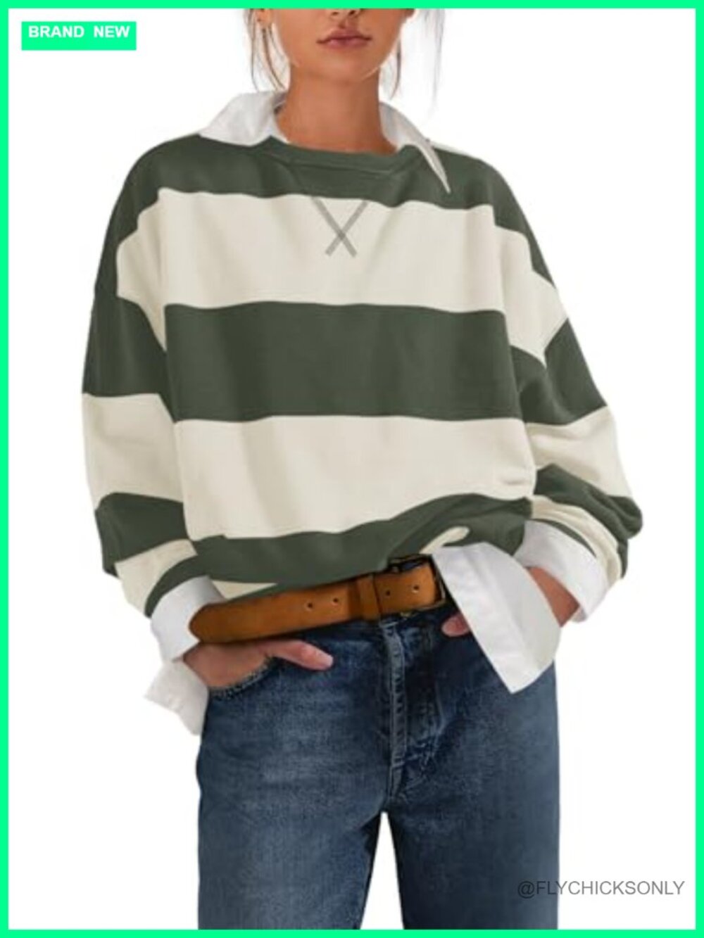 Oversized Striped Crewneck Sweatshirt Long Sleeve Color Block Pullover